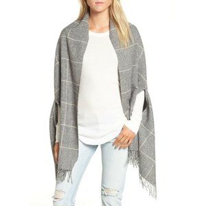 MADEWELL GRAY & WHITE MICRO CHECK FRINGED LONG WRAP CAPE SHAWL SWEATER